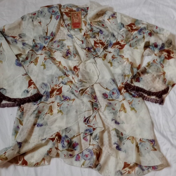 Johnny Was Floral Ruffle Blouse - Cream and Blue - Picture 9 of 11